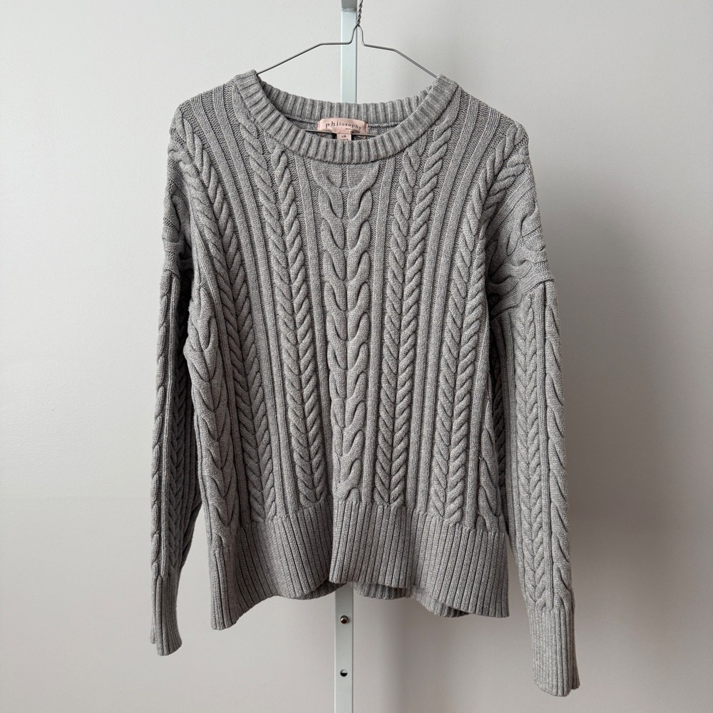 Philosophy Republic Clothing sz L Gray Cable Knit Crewneck Sweater Preppy Boho